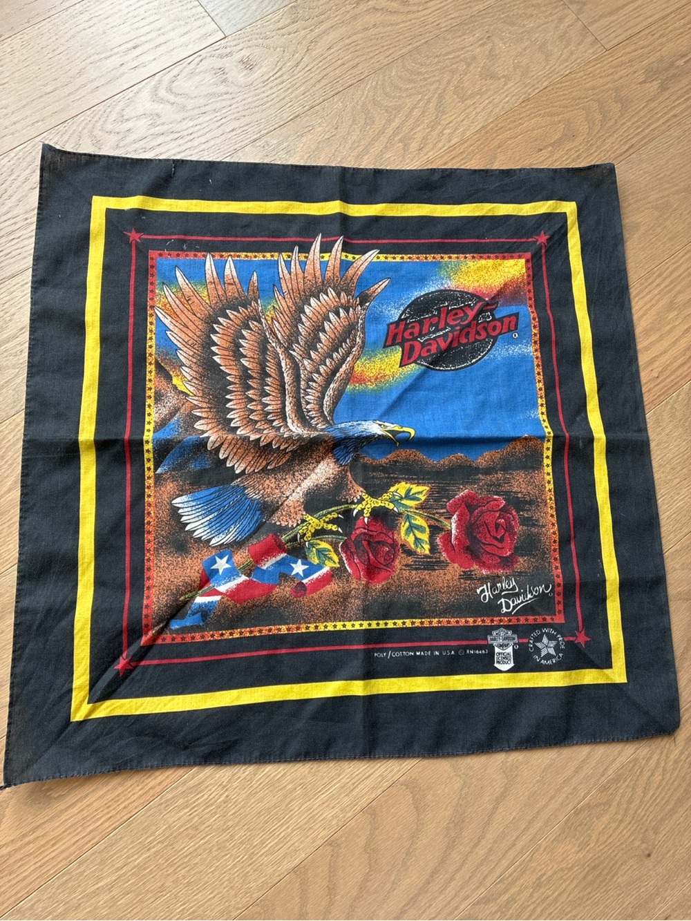 Harley-Davidson Black Bandana with Eagle, Red Roses & Yellow Border